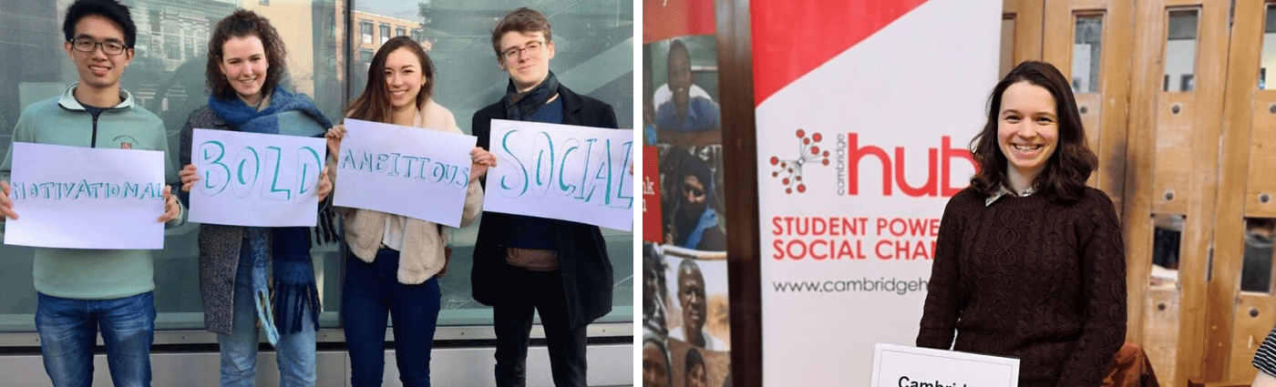 Two images are in a grid. On the left 4 people are standing holding signs reading "Motivational", "Bold", "Ambitious" and "Social". On the right one person smiles at the camera in front of a Cambridge Hub banner.