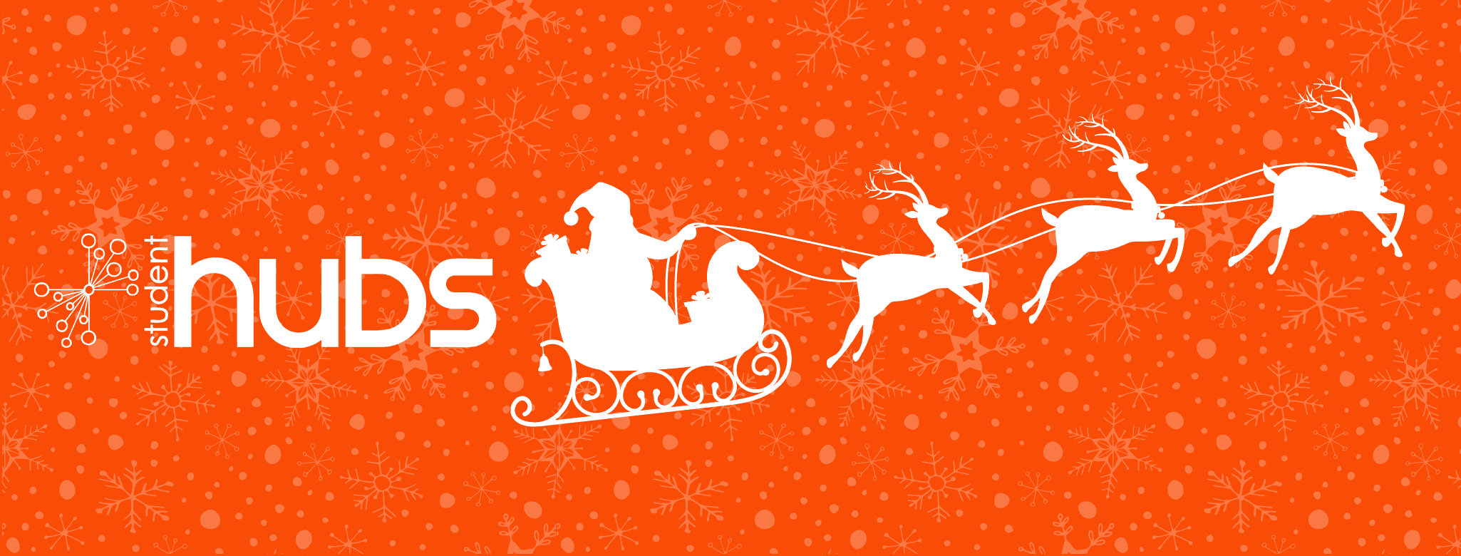 A orange banner with the student hubs logo and an outline of santa on a sleigh with reindeers. The background has transparent snowflakes.