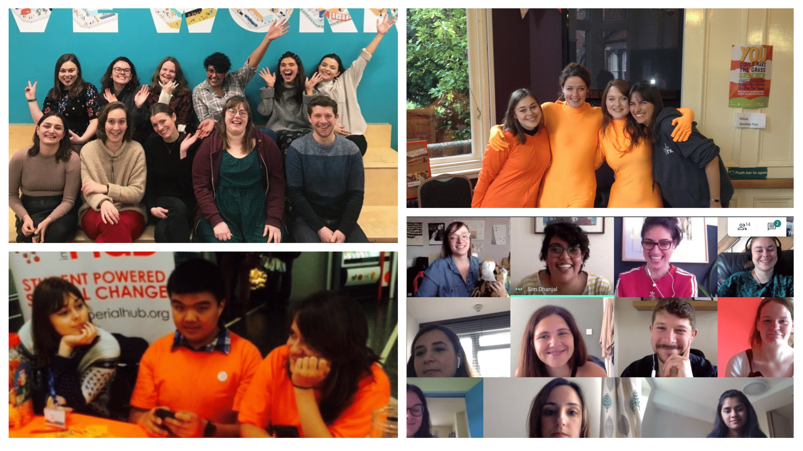 Four images in a collage format. One image is members of the Student Hubs staff team with their hands in the air, another is four members of staff in orange dress with their arms around one another, another image is of three students sitting at an information stall wearing orange and the last is a screenshot of the staff team on a google hangouts call smiling.