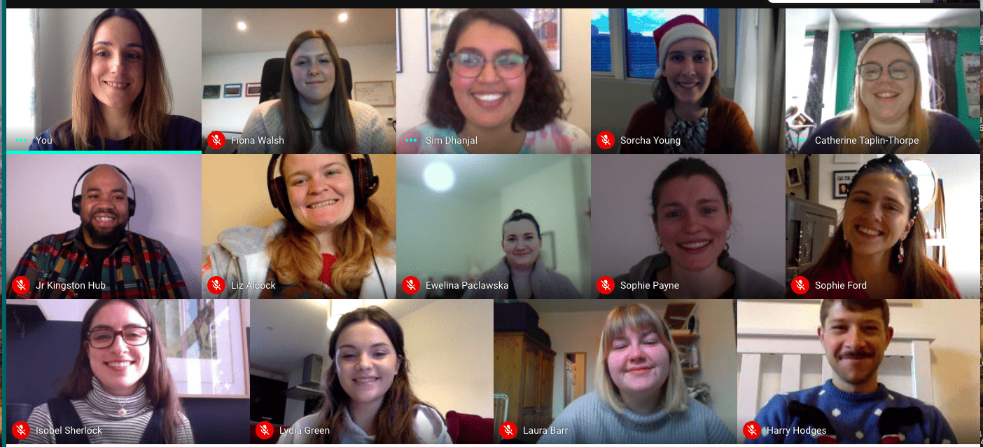 A screenshot of a Student Hubs Team call. Staff are smiling at the camera and are wearing festive Christmas gear.