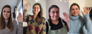 our separate pictures of Sim, Sophie, Sophie and Fiona who make up our management team posing with one hand up, the pose for this years IWD campaign.