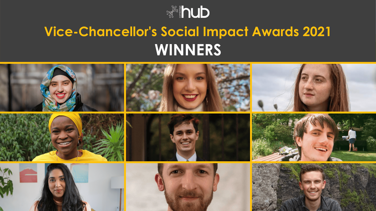 Grid with 9 faces smiling at the camera. Above the grid white and yellow text on a grey background shows the Cambridge Hub logo and reads "Vice-Chancellor's Social Impact Awards 2021 WINNERS"