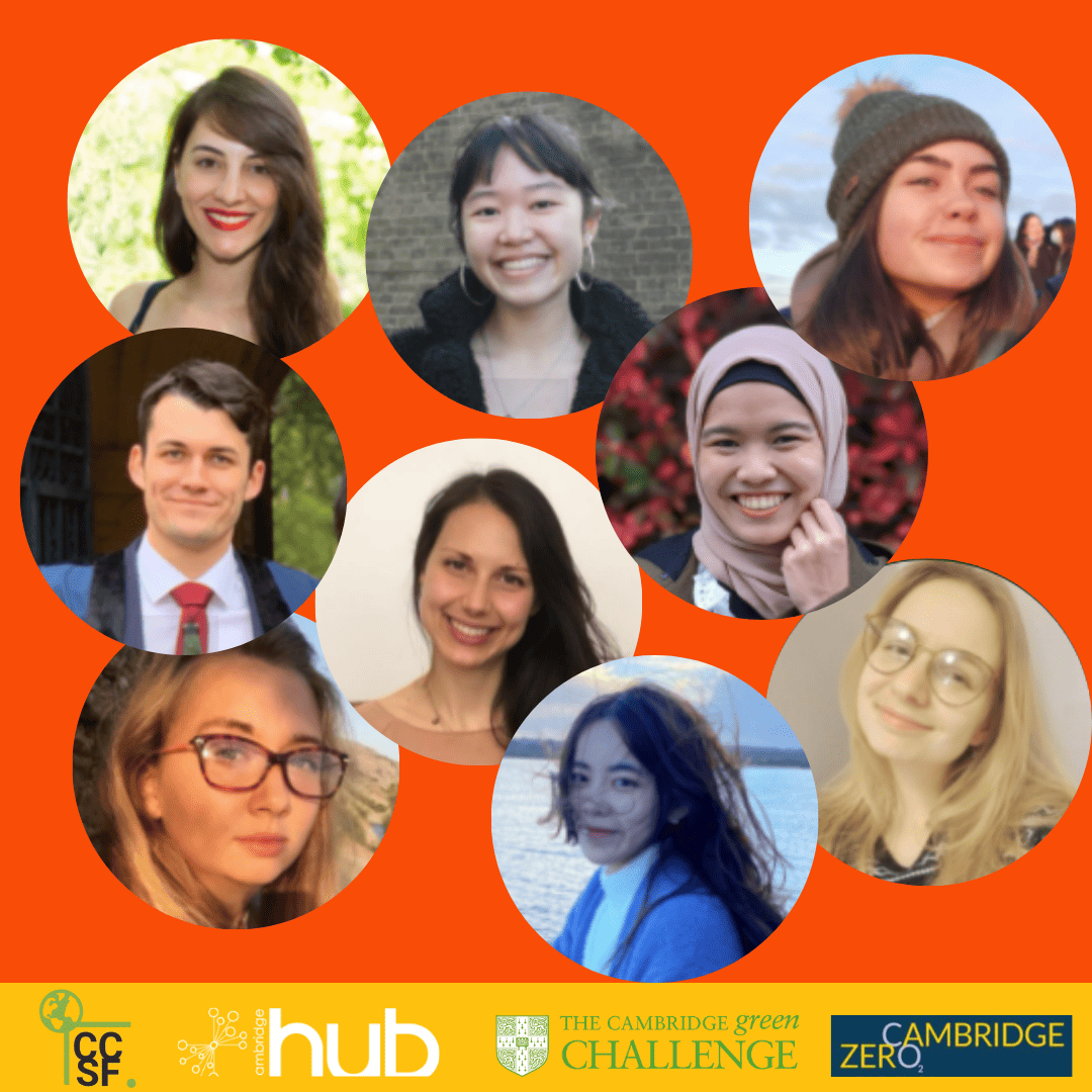 On an orange background, 9 circles contain photos of smiling faces. A yellow banner at the bottom has four logos: The Cambridge Climate and Sustainability Forum, Cambridge Hub, The Cambridge Green Challenge and Cambridge Zero. 
