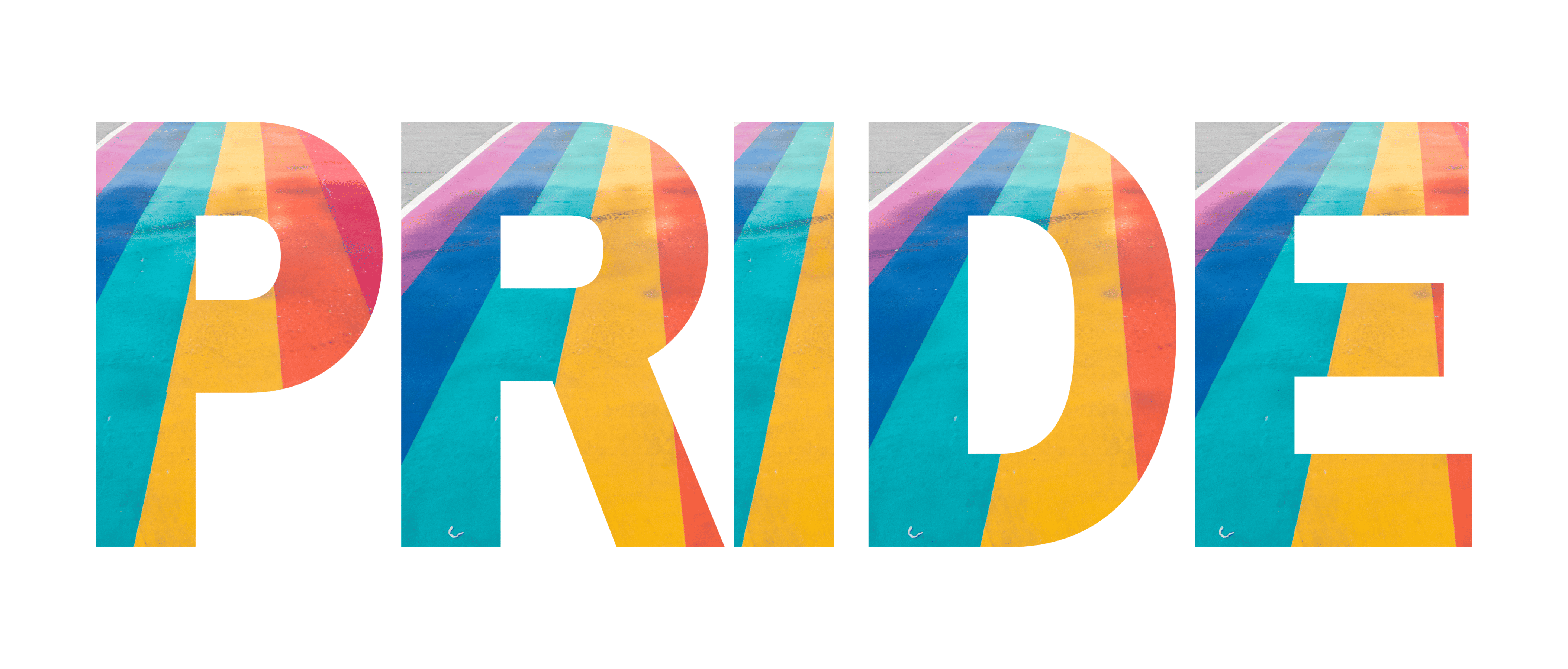 On a white background, text reads 'PRIDE'. The text is coloured grey, pink, navy, turquoise, yellow, orange and red.