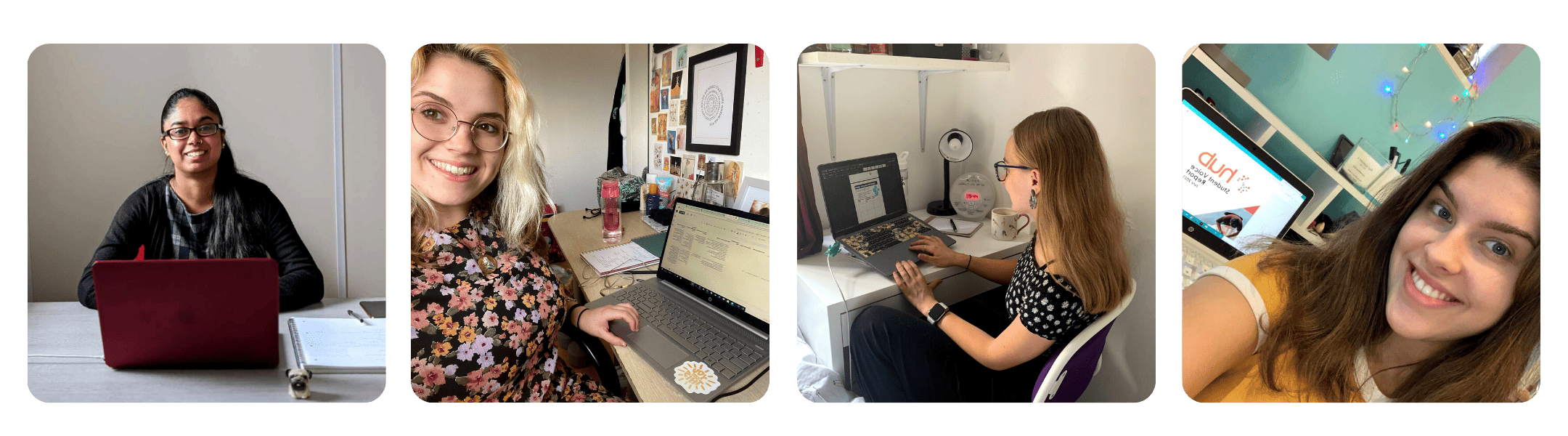 Four photos side by side. From left to right, Sapthi smiles at the camera behind a laptop, Alice is taking a selfie smiling, Zara's side of head and laptop is visible and Liana takes a selfie with their laptop.