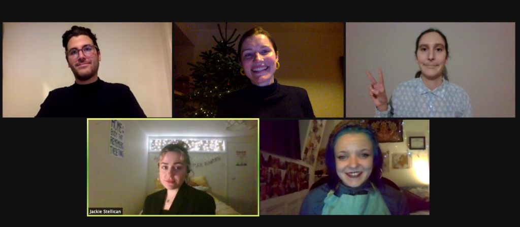 A screenshot of five actors in a Zoom call at A Very Merry Murder Mystery