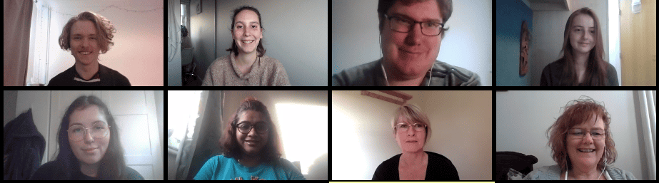 8 people look at the camera in a video call