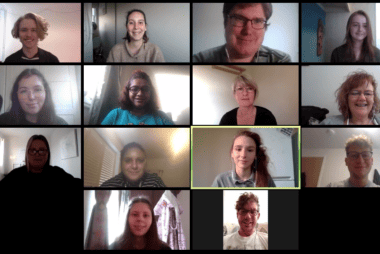 14 people look at the camera in a video call