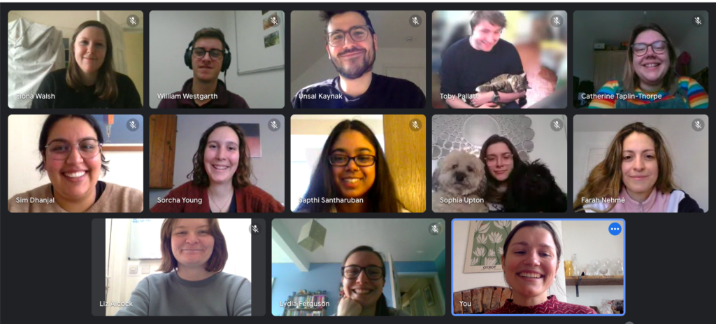 A screenshot of the Student Hubs staff team in a video call, smiling at their cameras