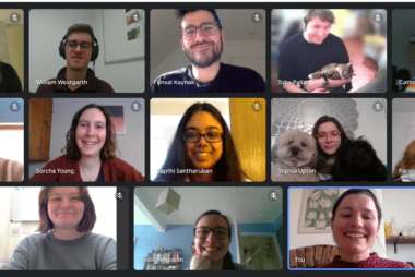 A screenshot of the Student Hubs staff team in a video call, smiling at their cameras