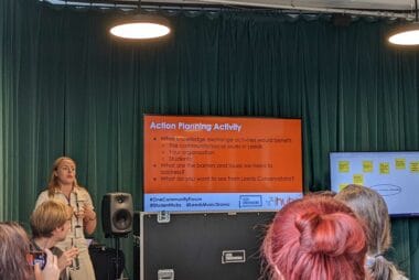 Four individuals look at a presenter. The presenter is stood next to a screen reading 'Action Planning Activity' in front of a dark green curtain.