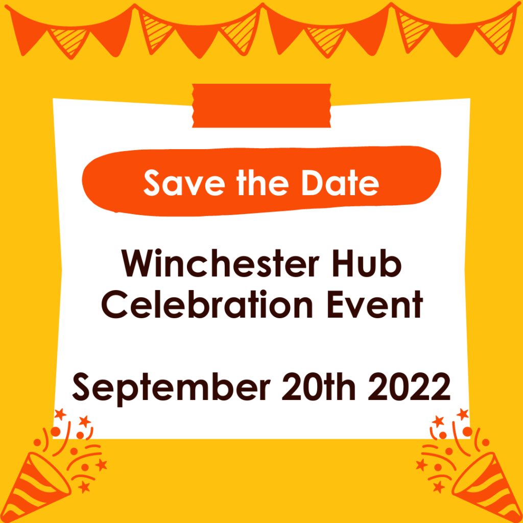 Square image. Yellow background with a white box in the centre. Grey text reads "Save the Date. Whichester hub Celebration Event. September 20th 2022". Surrounding the white box is orange banners and balloon cannons.