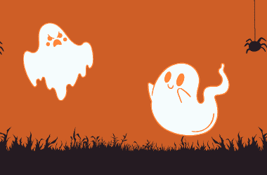 Orange background with black pumpkins, spiders and white ghosts on it.