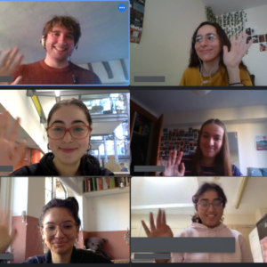Six individuals wave and smile at the camera in a virtual call.
