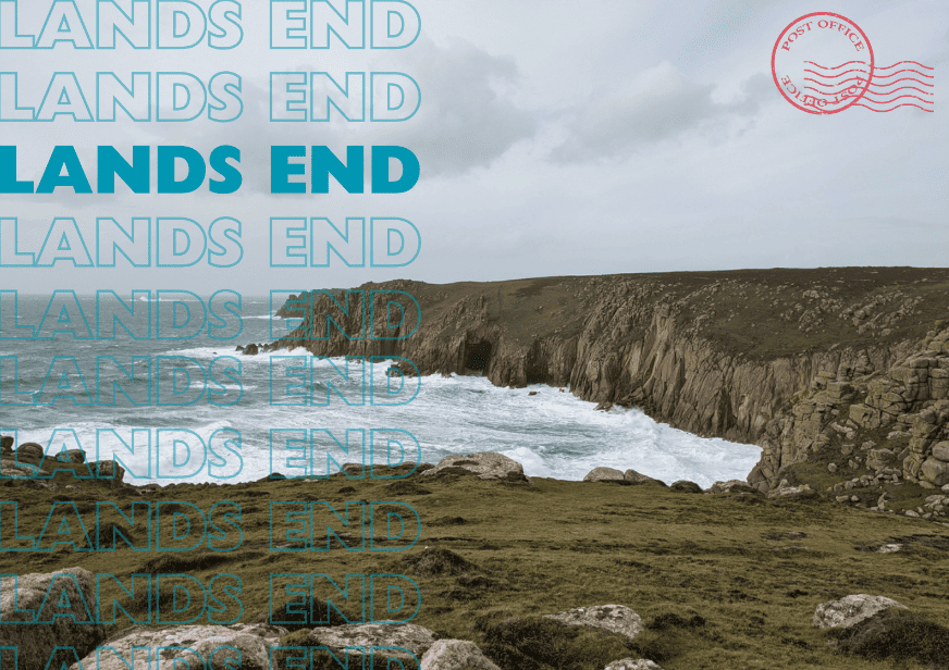 ID: a postcard with text reading "Lands End" and a photo showing a rugged coastline.